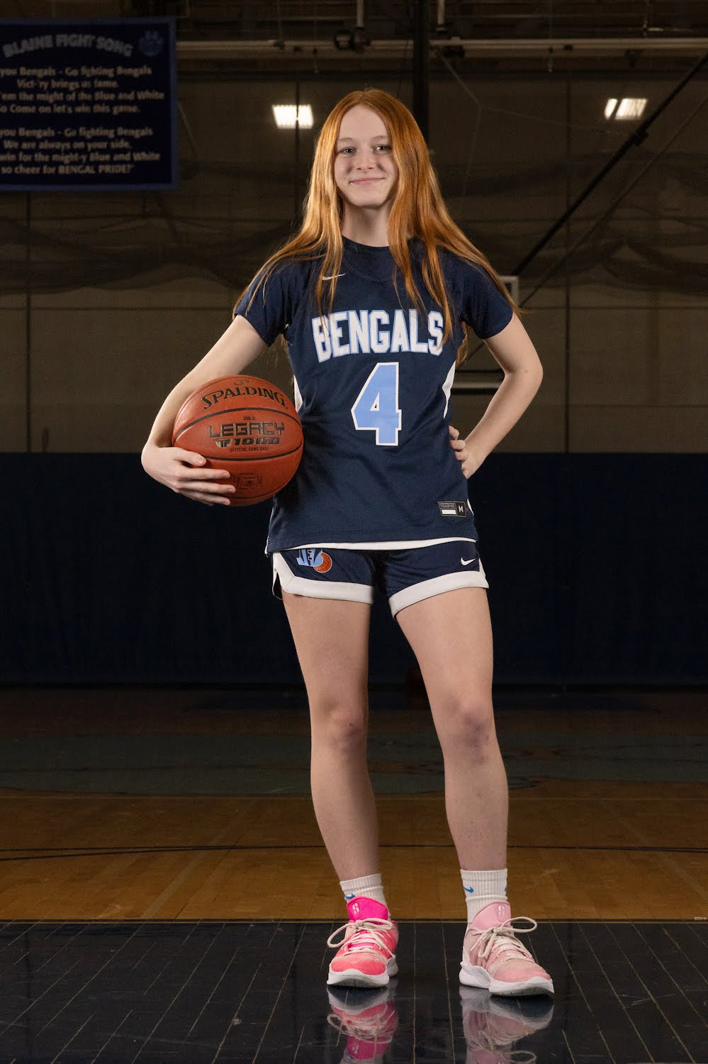 Ayla in her Blaine Bengals number 4 basketball uniform