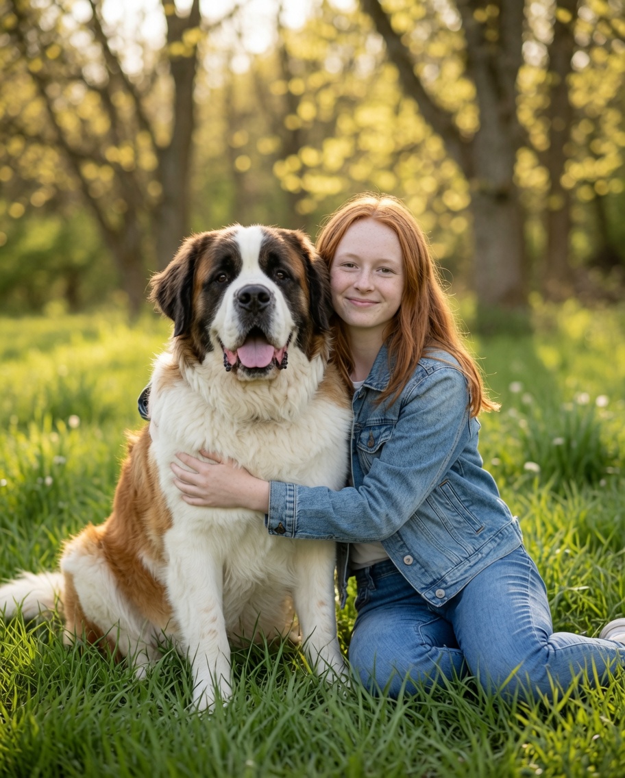 Ayla, founder of Blaine Paws, with a friendly St. Bernard