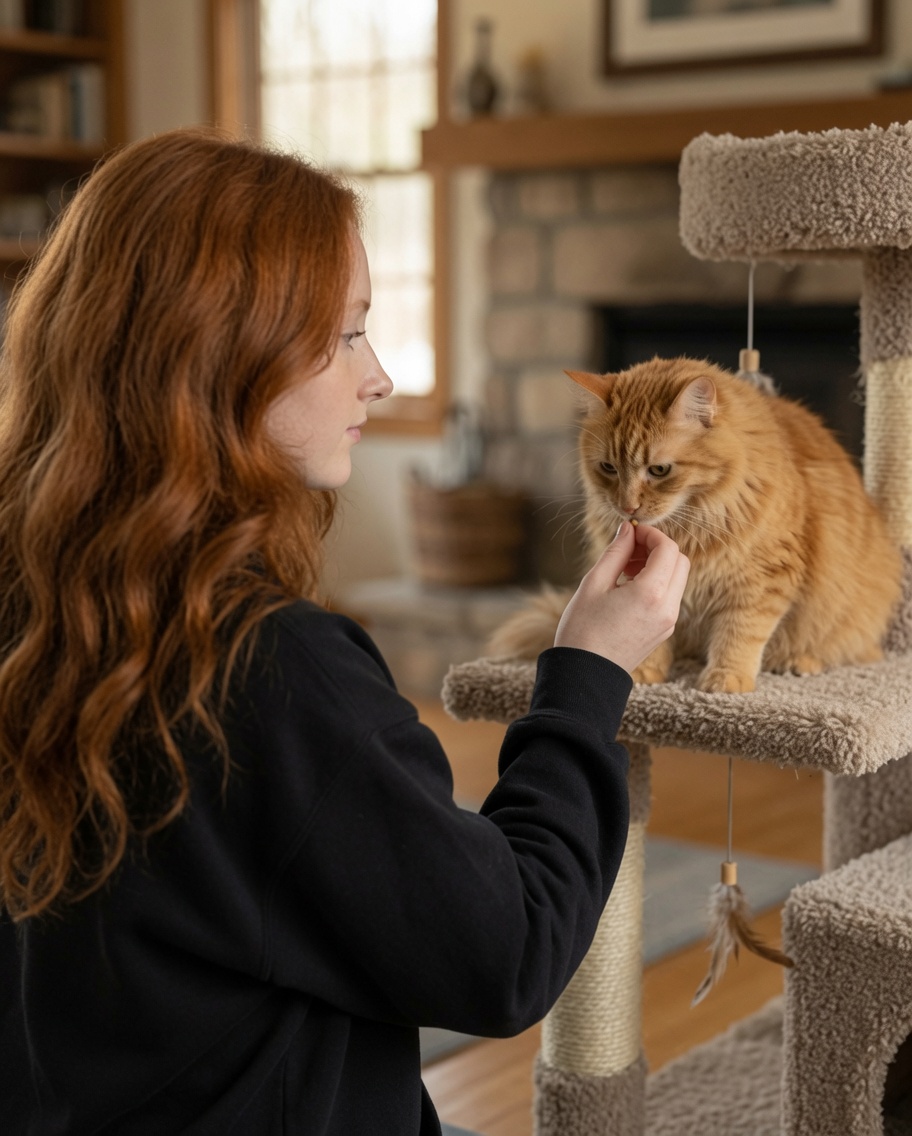 Ayla giving a treat to an orange cat at home