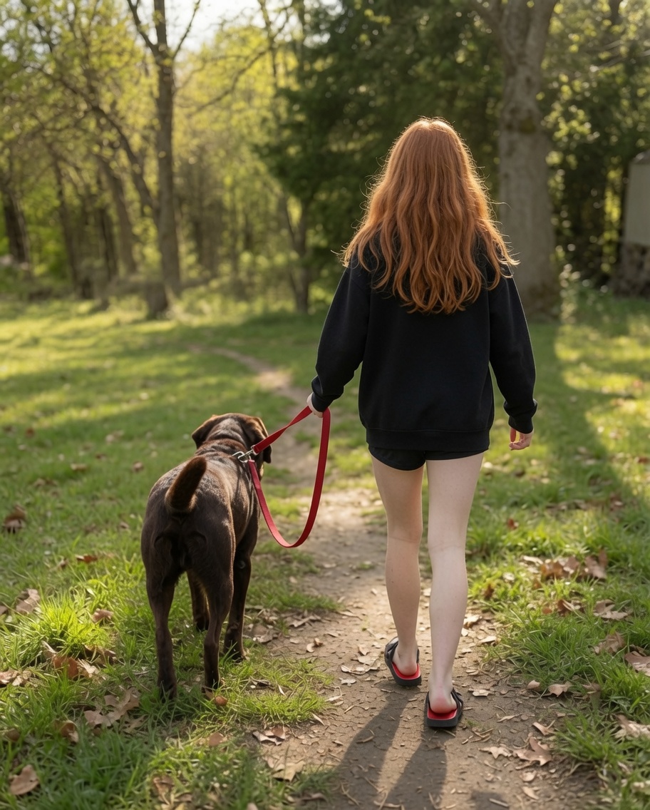 Ayla walking a dog on a wooded trail